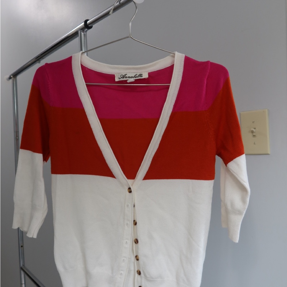 Annabella Colorblock Cardigan Sweater -‎ Pink, Orange, and White